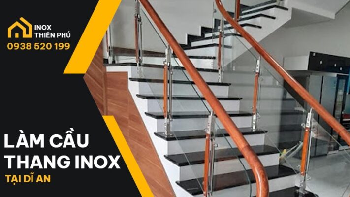 Bàn giao cầu thang inox Dĩ An, mẫu kết hợp inox - kính - gỗ